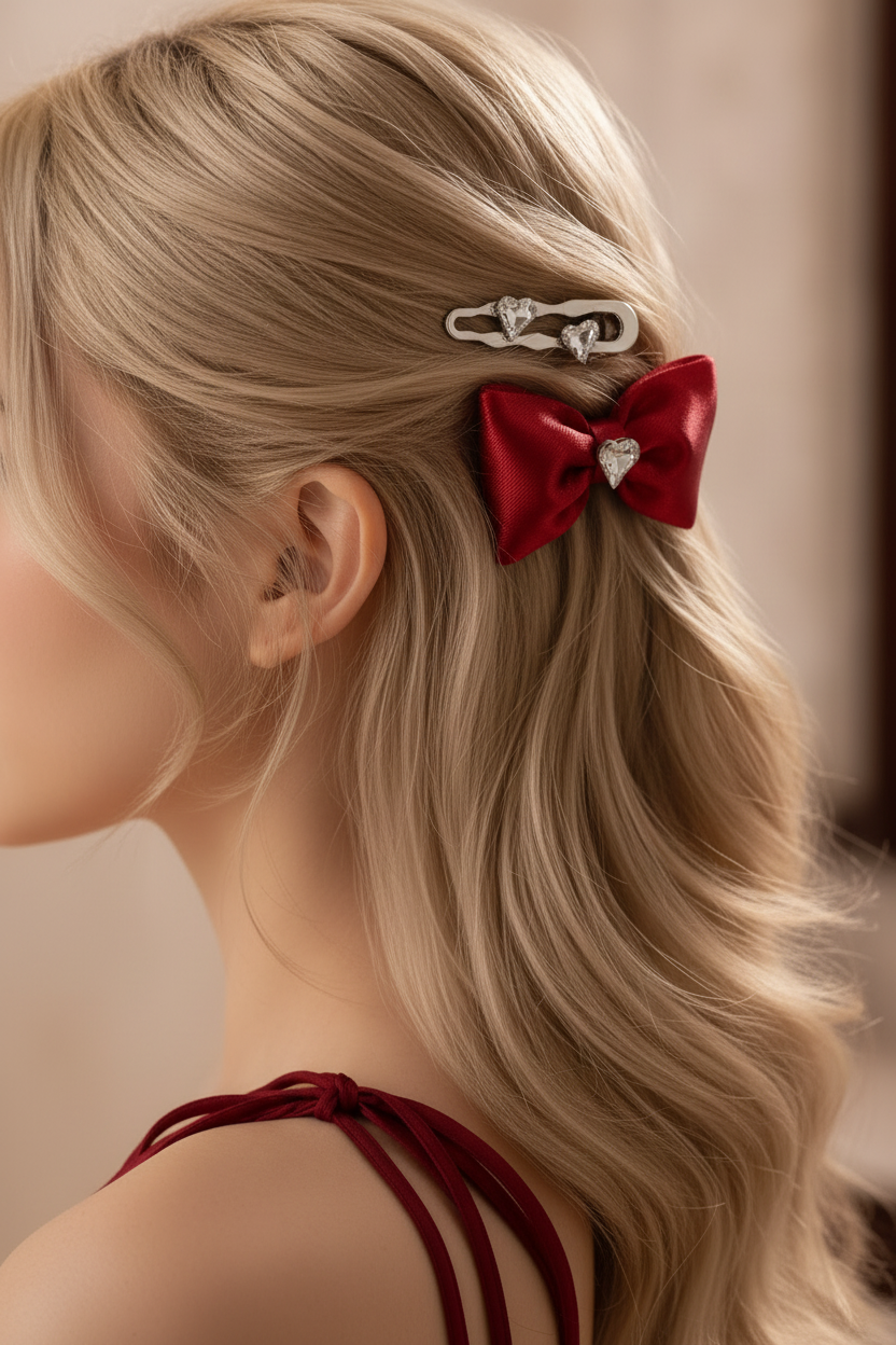 HEART STONE BOW CLIPS- RED