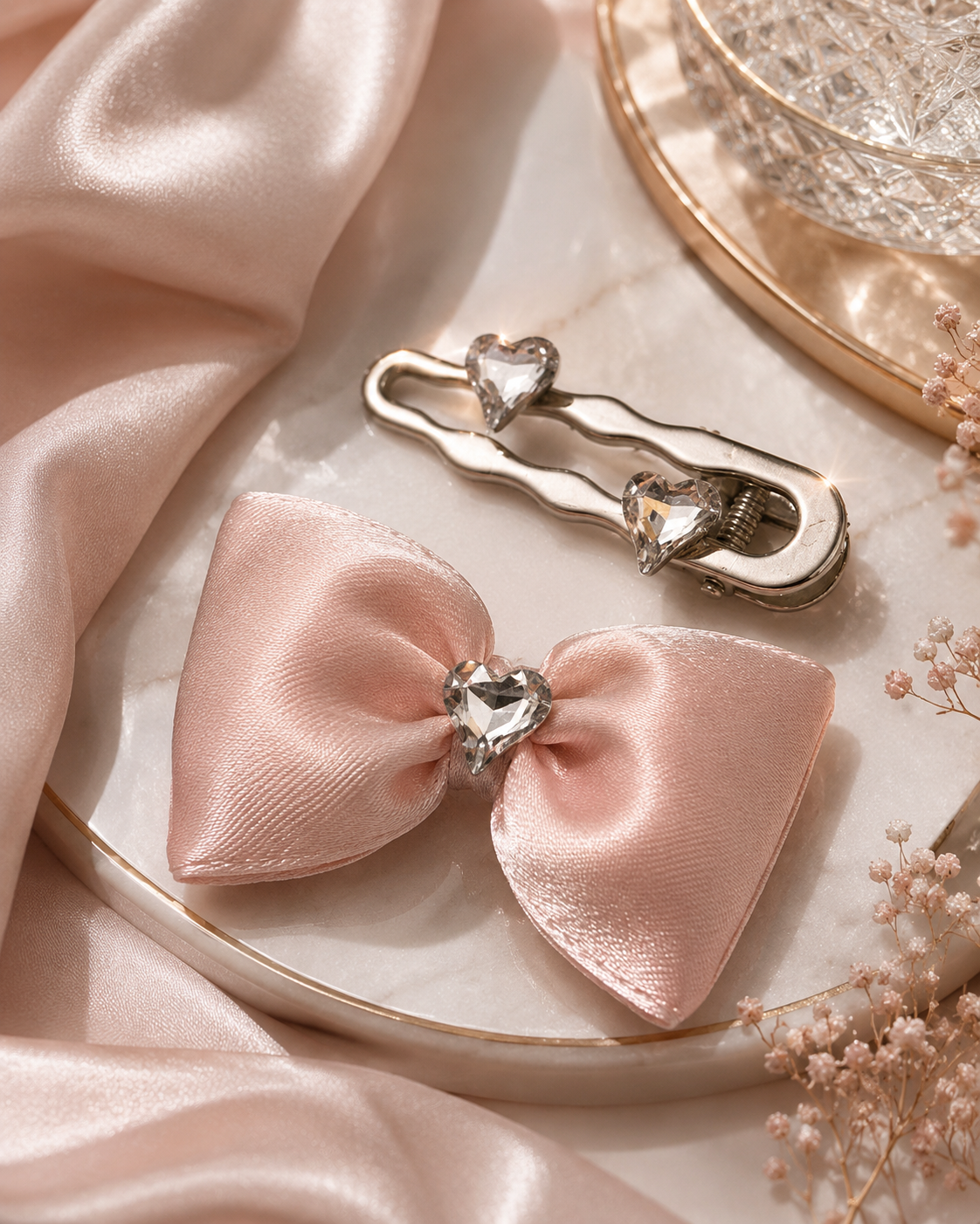 HEART STONE BOW CLIPS- PINK