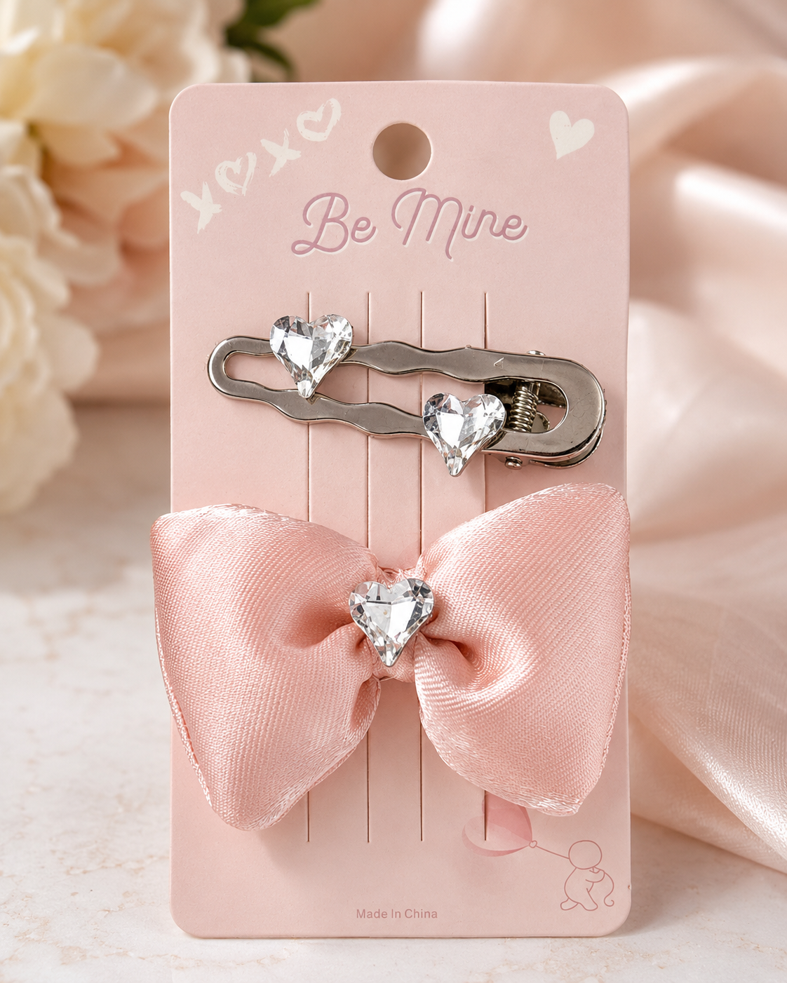 HEART STONE BOW CLIPS- PINK