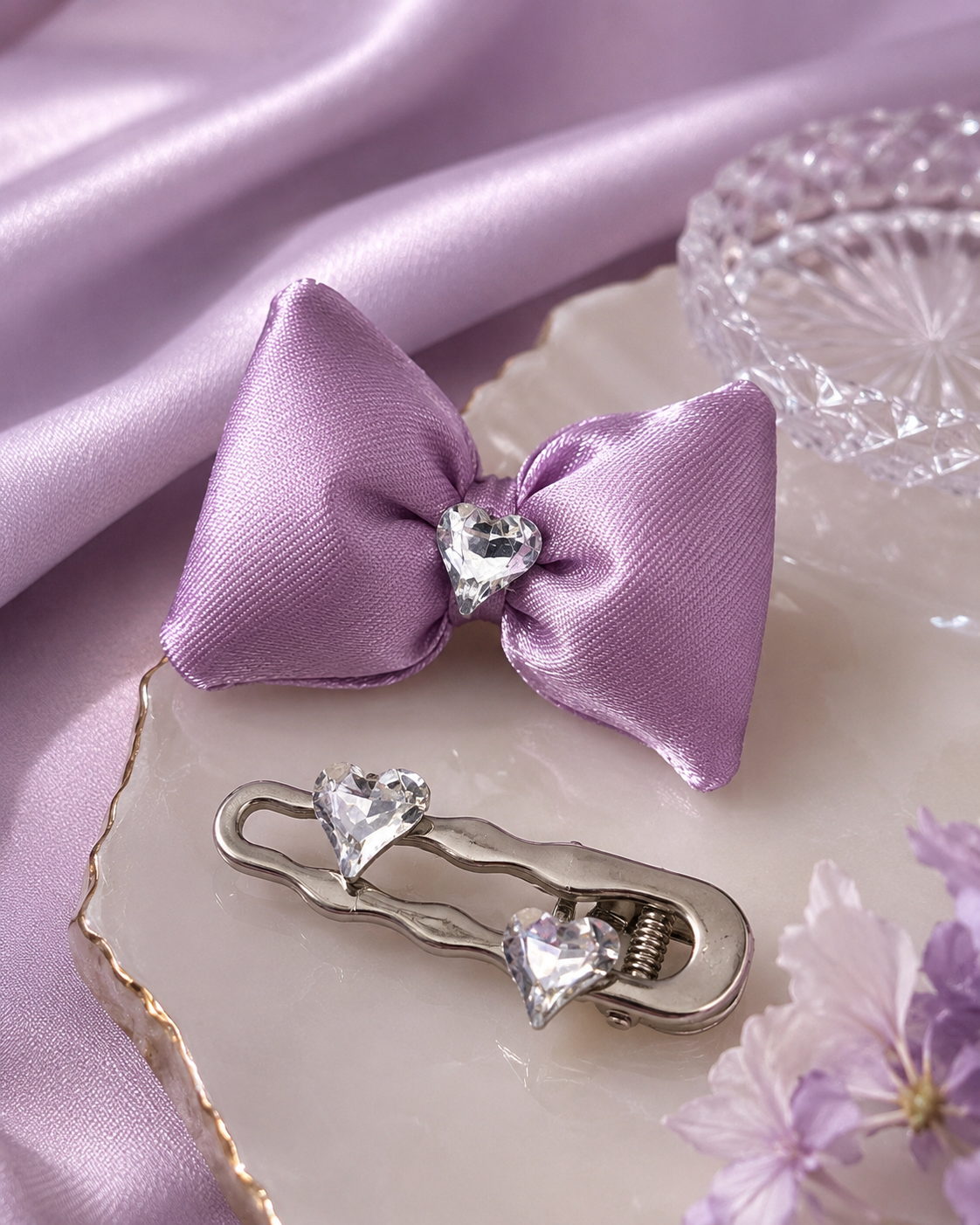 HEART STONE BOW CLIPS SET - PURPLE
