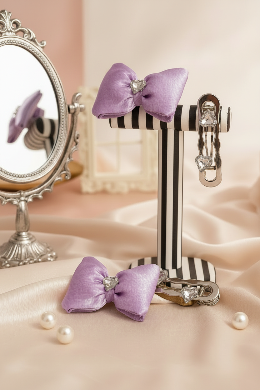 HEART STONE BOW CLIPS SET - PURPLE