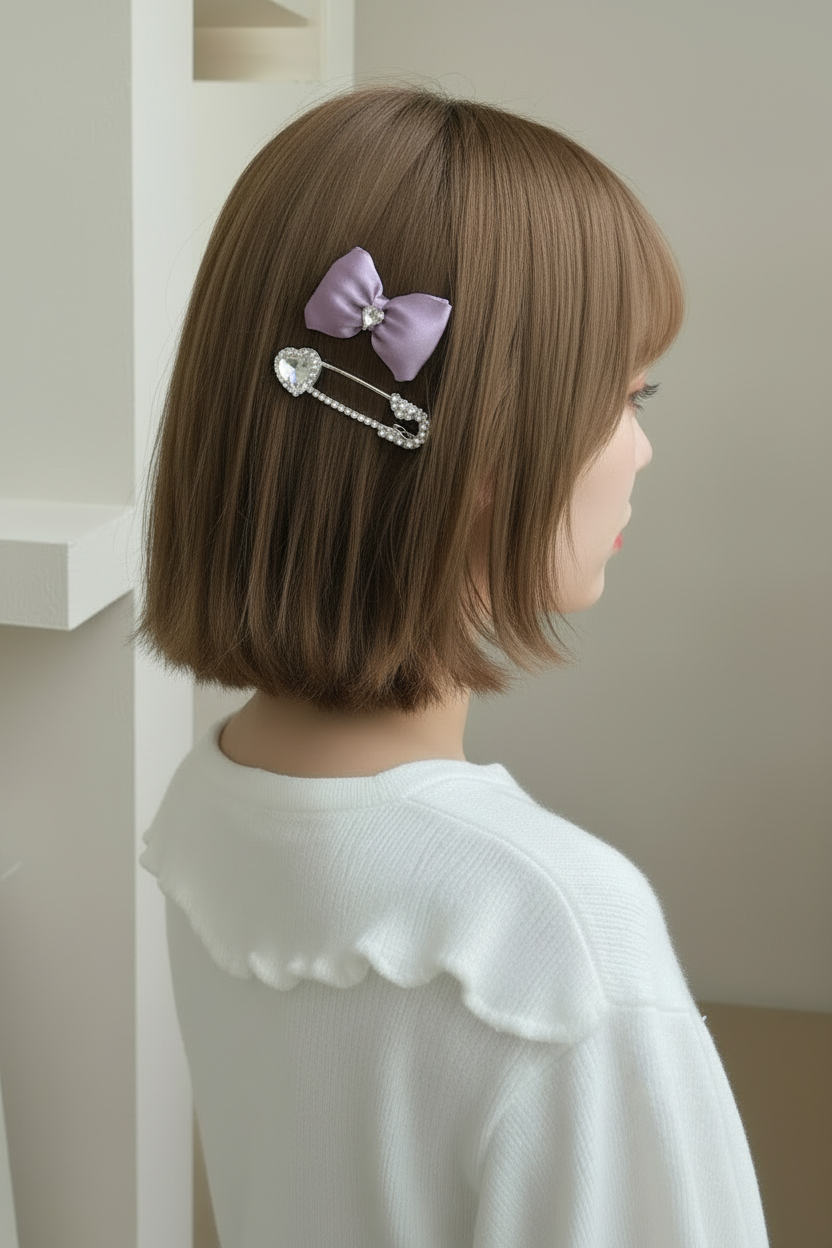 HEART STONE BOW CLIPS SET - PURPLE