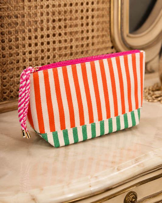 TWO TONE STRIPED TASSLE ZIP POUCH