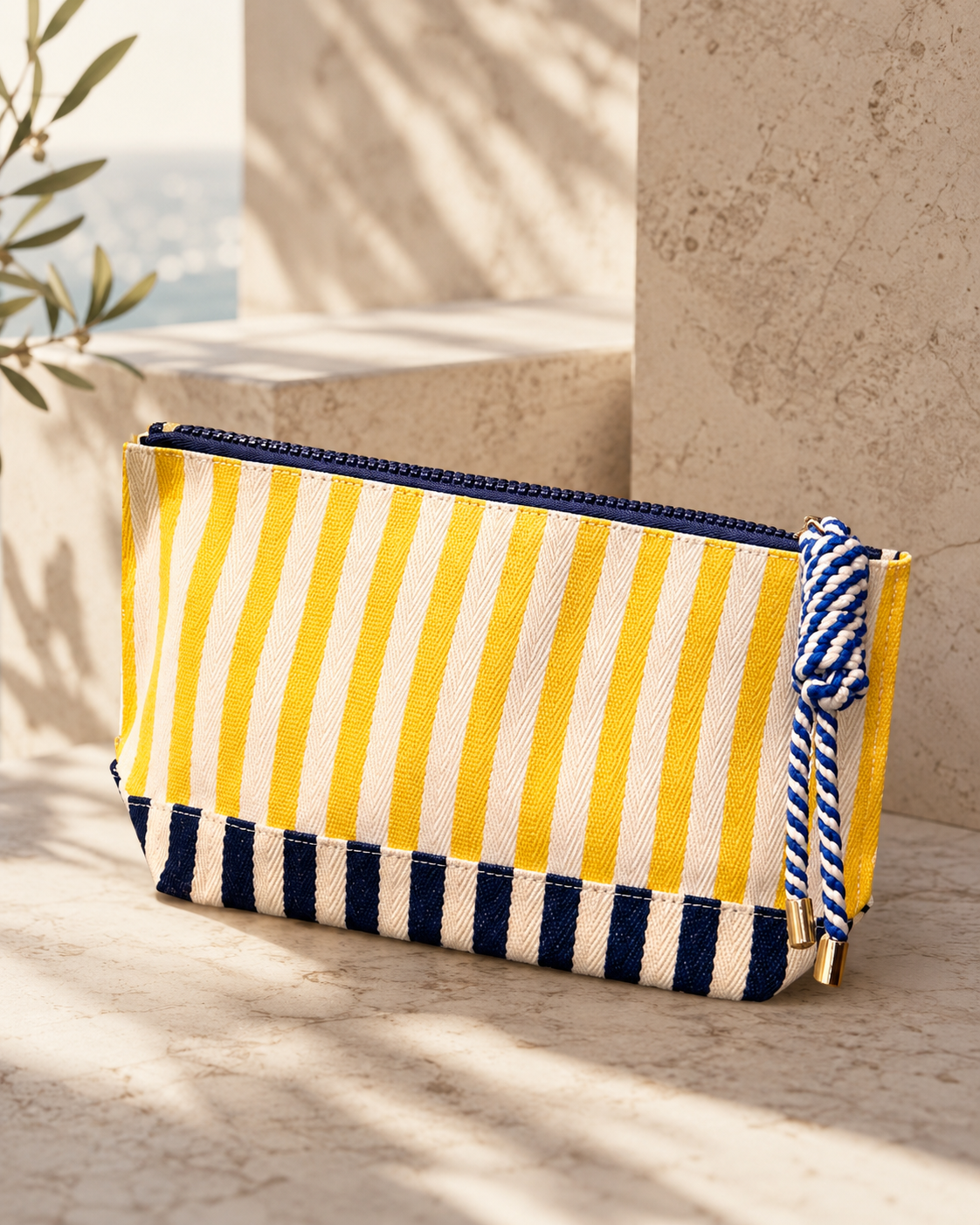 TWO TONE STRIPED TASSELS ZIP POUCH