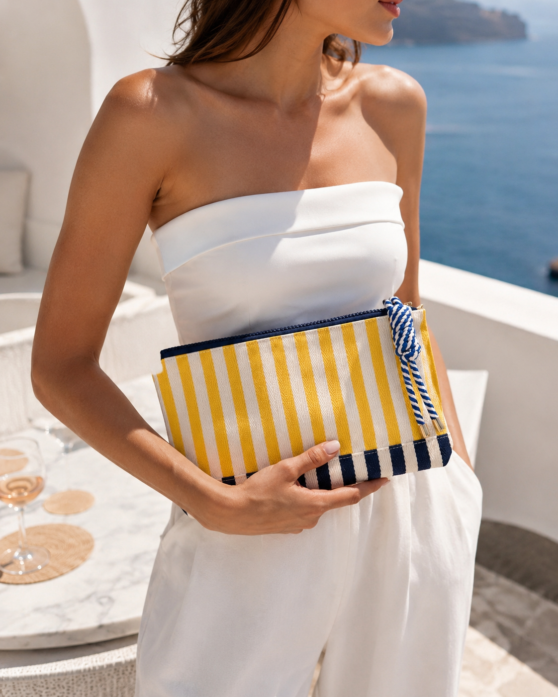 TWO TONE STRIPED TASSELS ZIP POUCH