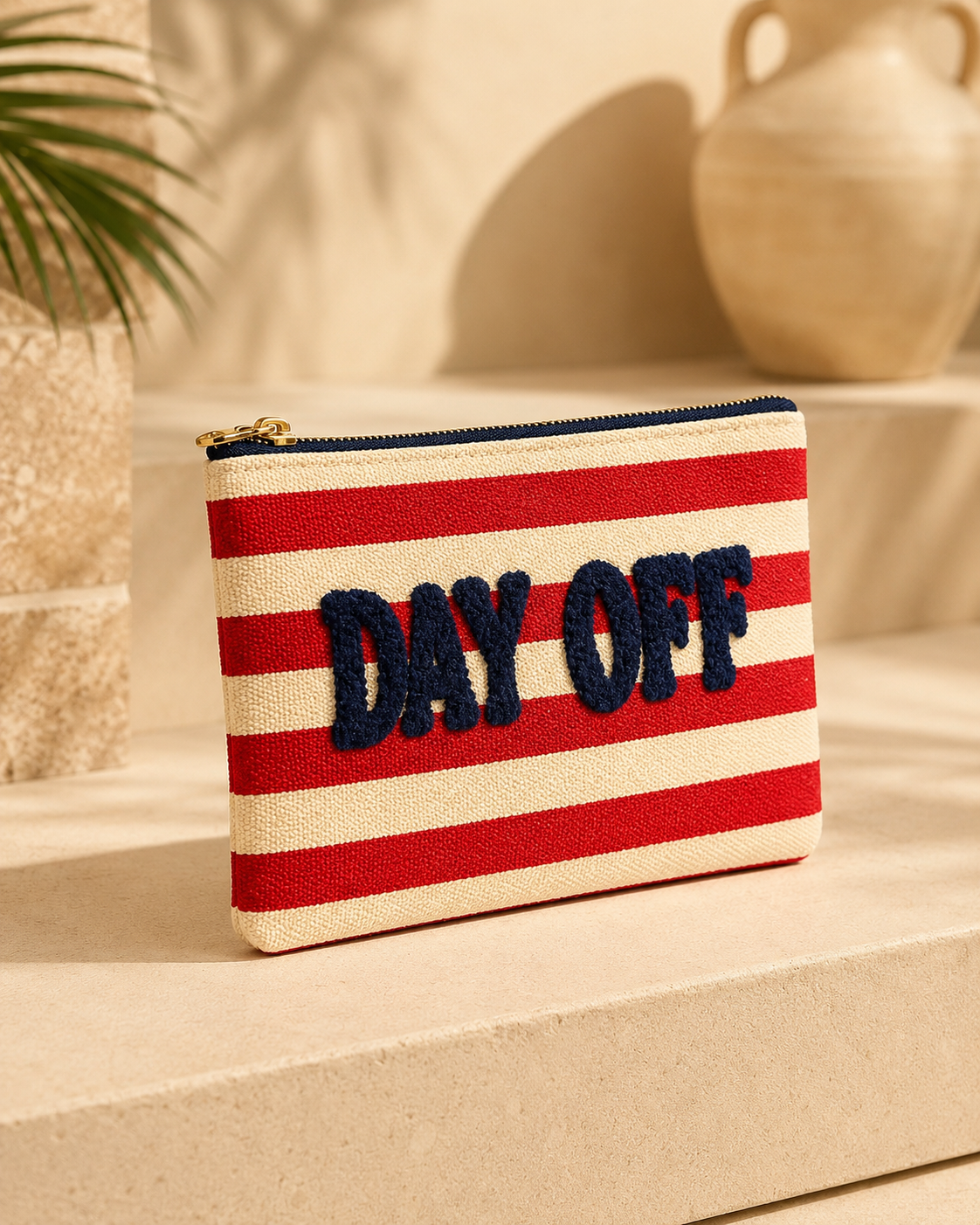 “DAY OFF” STRIPED SMALL ZIP POUCH