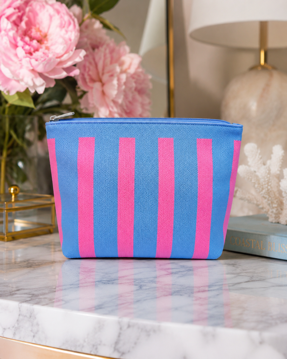 STRIPED KNIT ZIP POUCH-BL/PNK