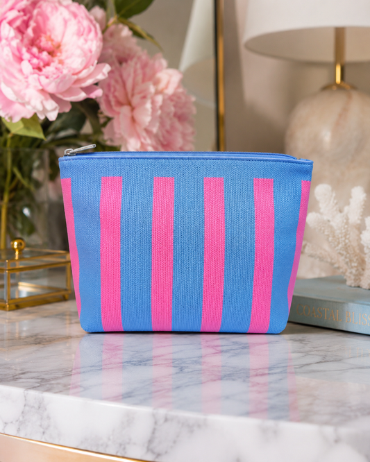 STRIPED KNIT ZIP POUCH-BL/PNK