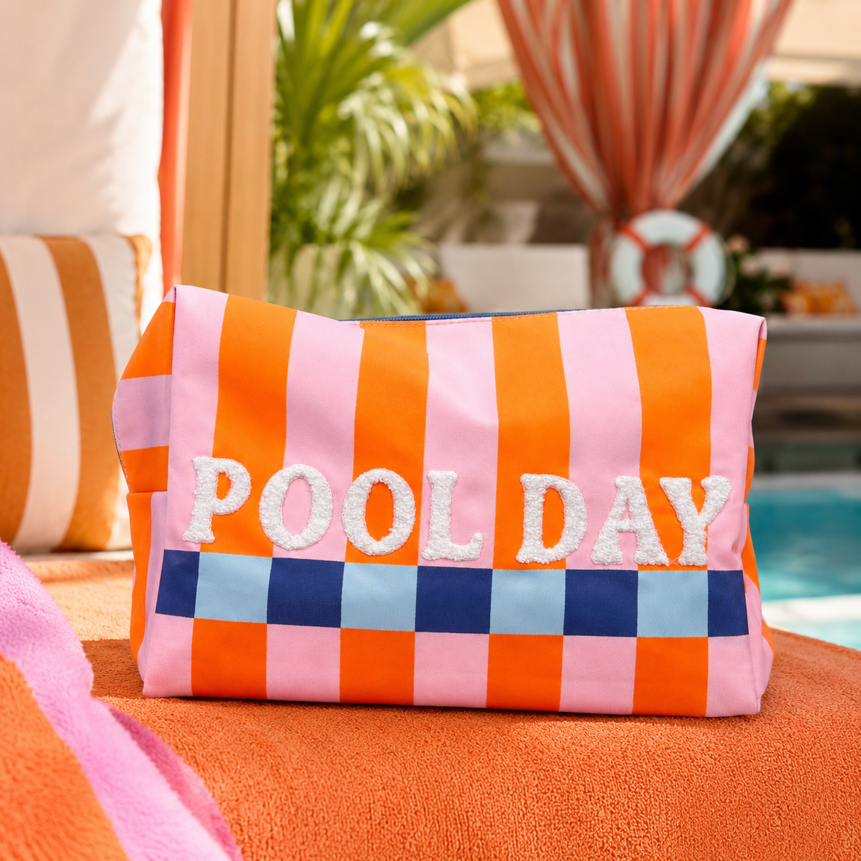 “POOL DAY” OVERSIZED STRIPES ZIP POUCH
