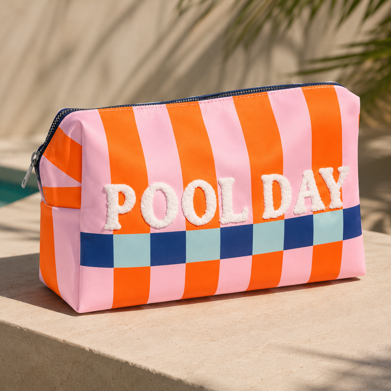 “POOL DAY” OVERSIZED STRIPES ZIP POUCH