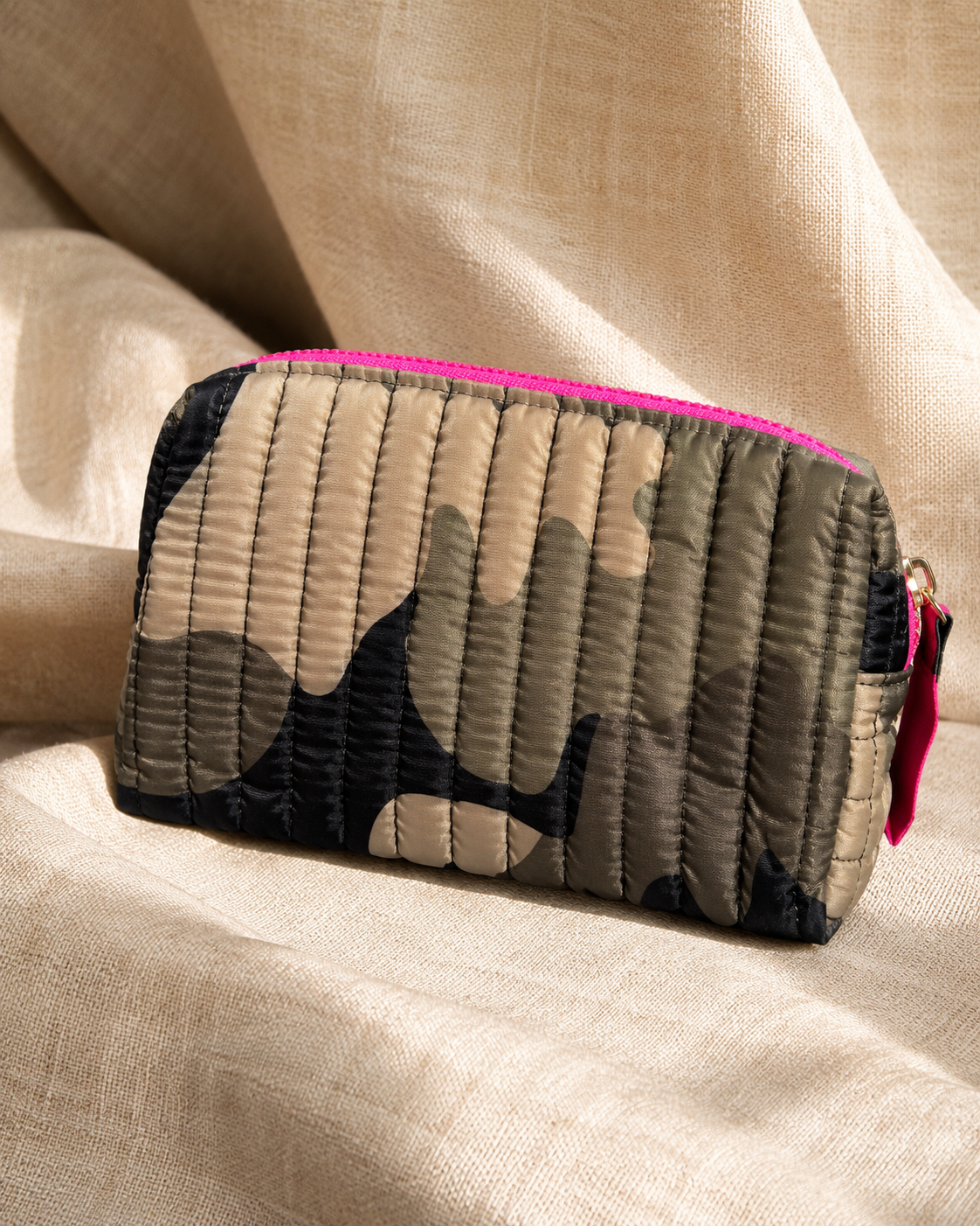 QUILTED NYLON CAMO SMALL BOXY COSMETIC POUCH