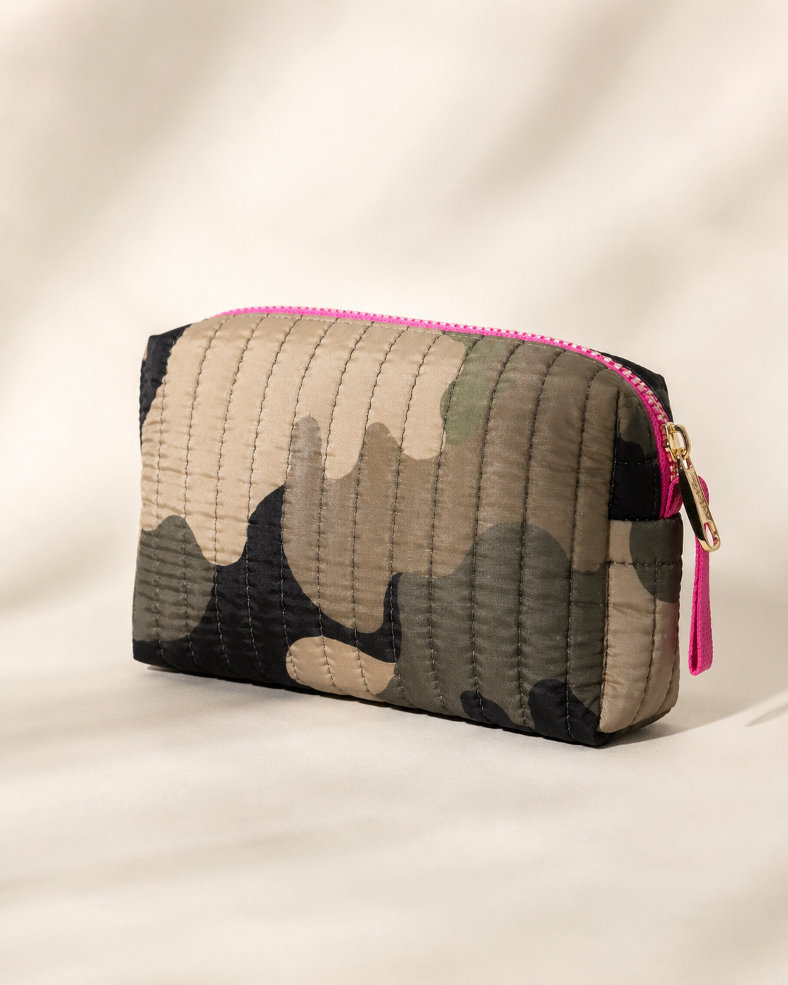 QUILTED NYLON CAMO SMALL BOXY COSMETIC POUCH