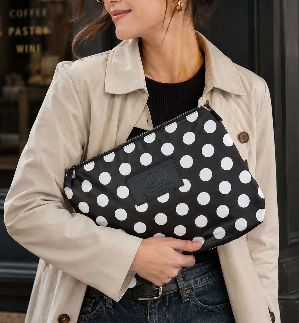 WATERPROOF OVERSIZED POLKADOT ZIP POUCH- BLK