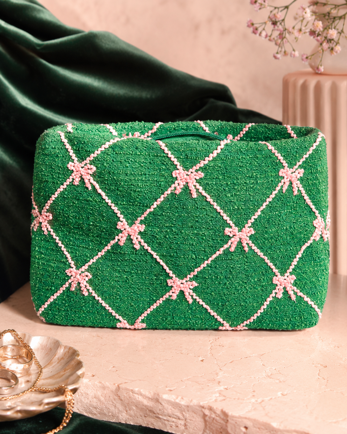 TWEED BOW ZIP POUCH