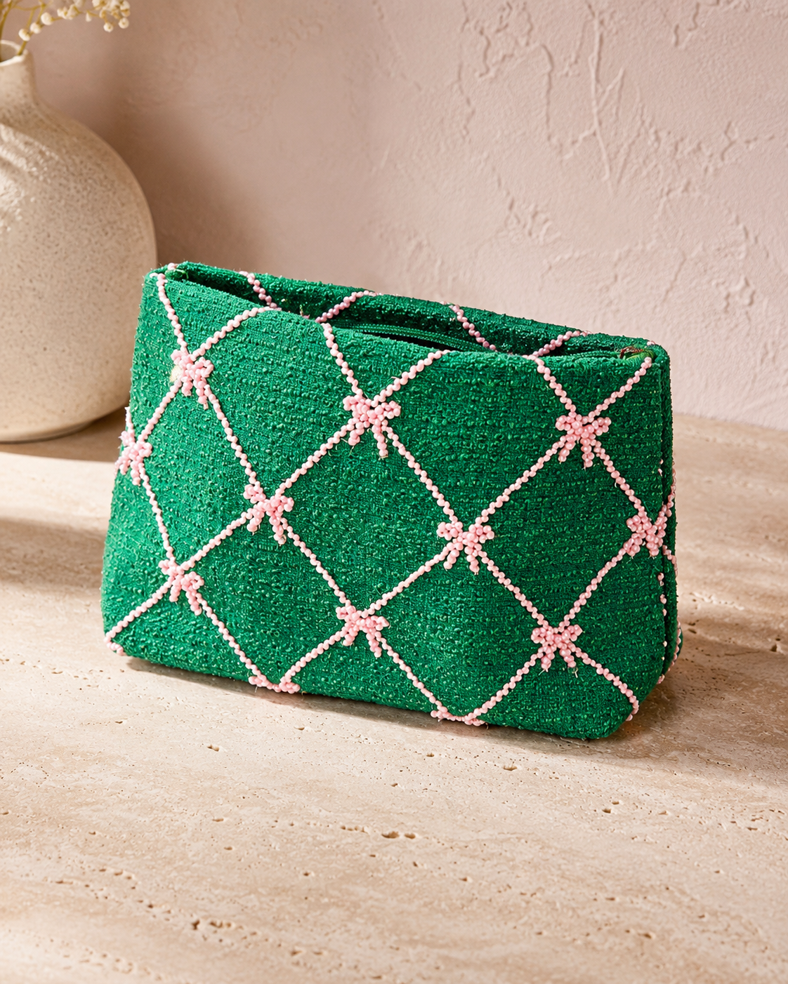 TWEED BOW ZIP POUCH
