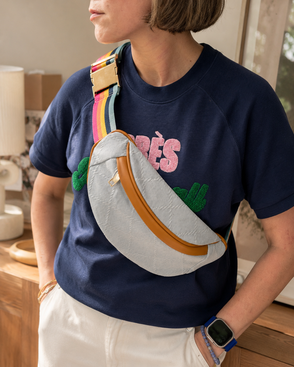 DENIM STRIPED BELT BAG