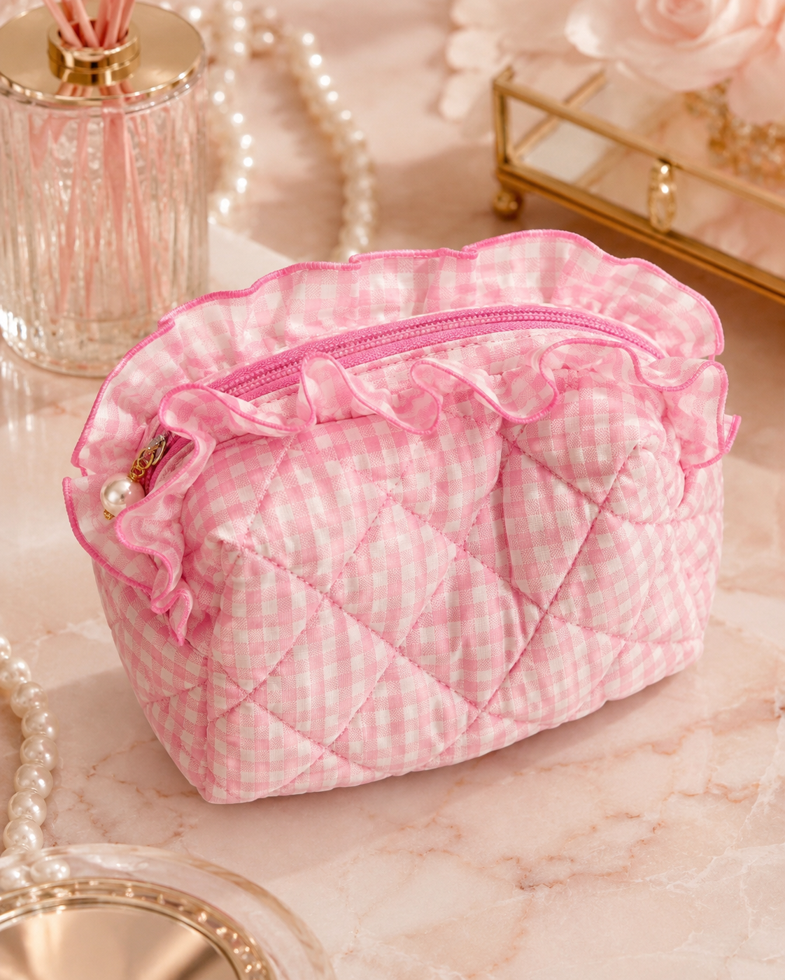 QUILTED RUFFLES SMALL POUCH W PEARL ZIPPER