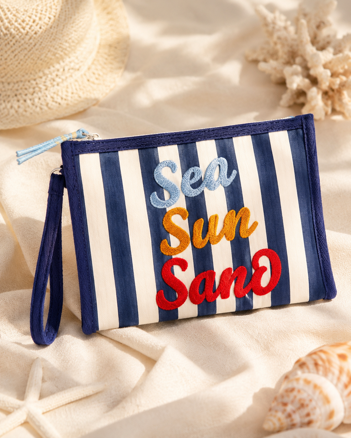 “SEA SUN SAND” STRIPED WRISTLET POUCH