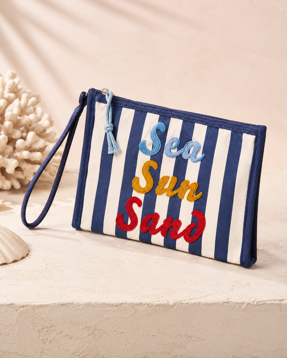 “SEA SUN SAND” STRIPED WRISTLET POUCH