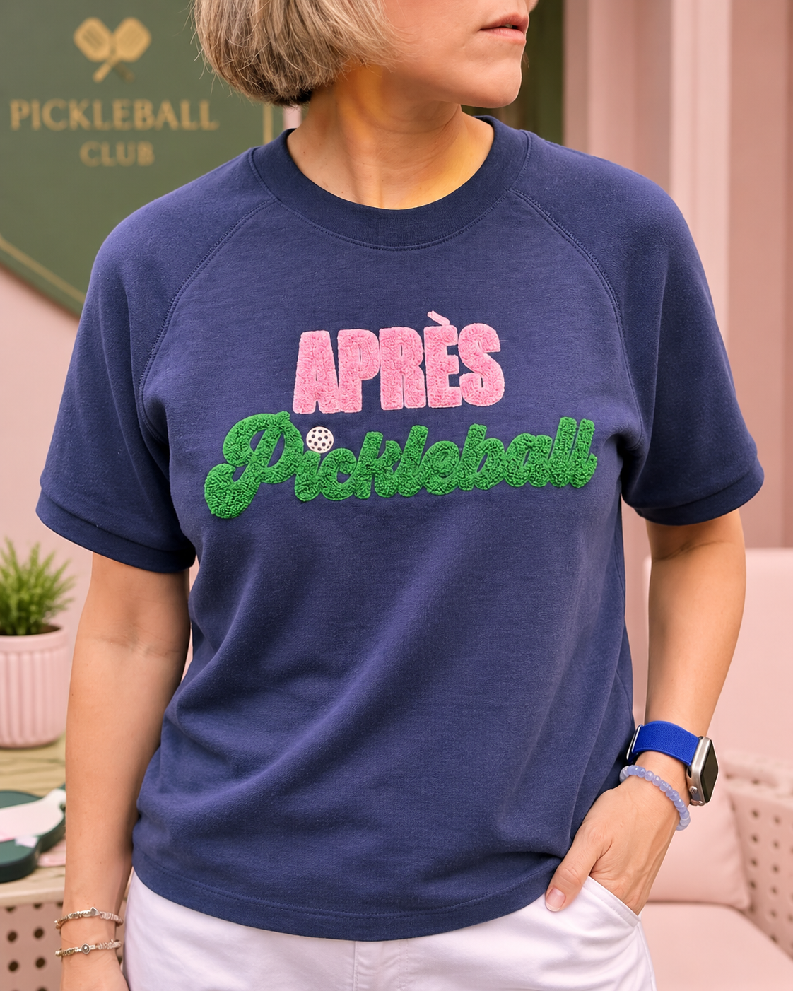 “APRE’S PICKLEBALL” LIGHTWEIGHT SHORT SLEEVE SWEATSHIRT