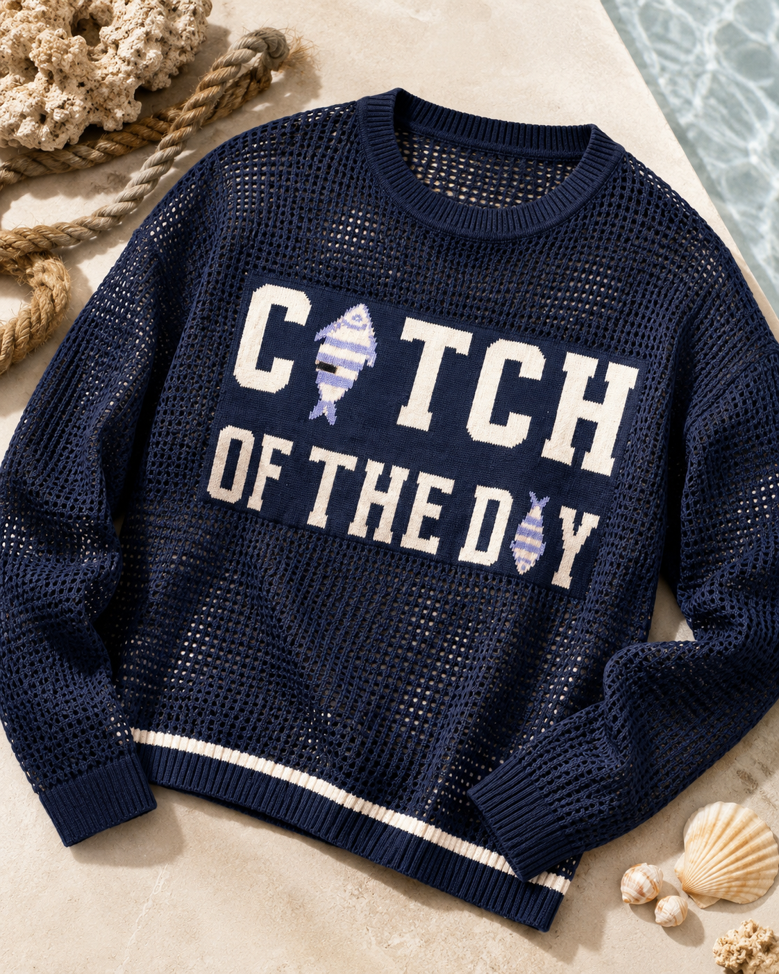 “CATCH OF THE DAY” MESH SWEATER