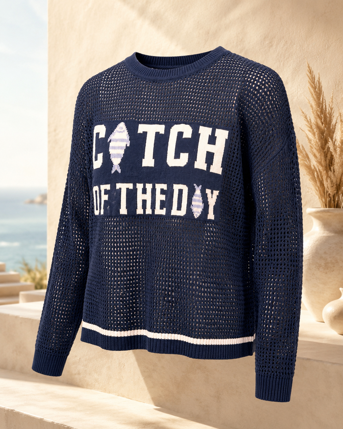 “CATCH OF THE DAY” MESH SWEATER
