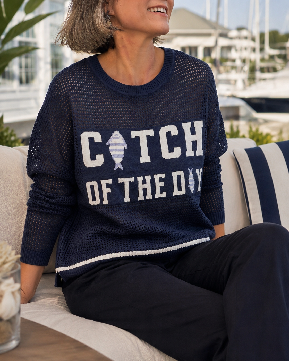 “CATCH OF THE DAY” MESH SWEATER